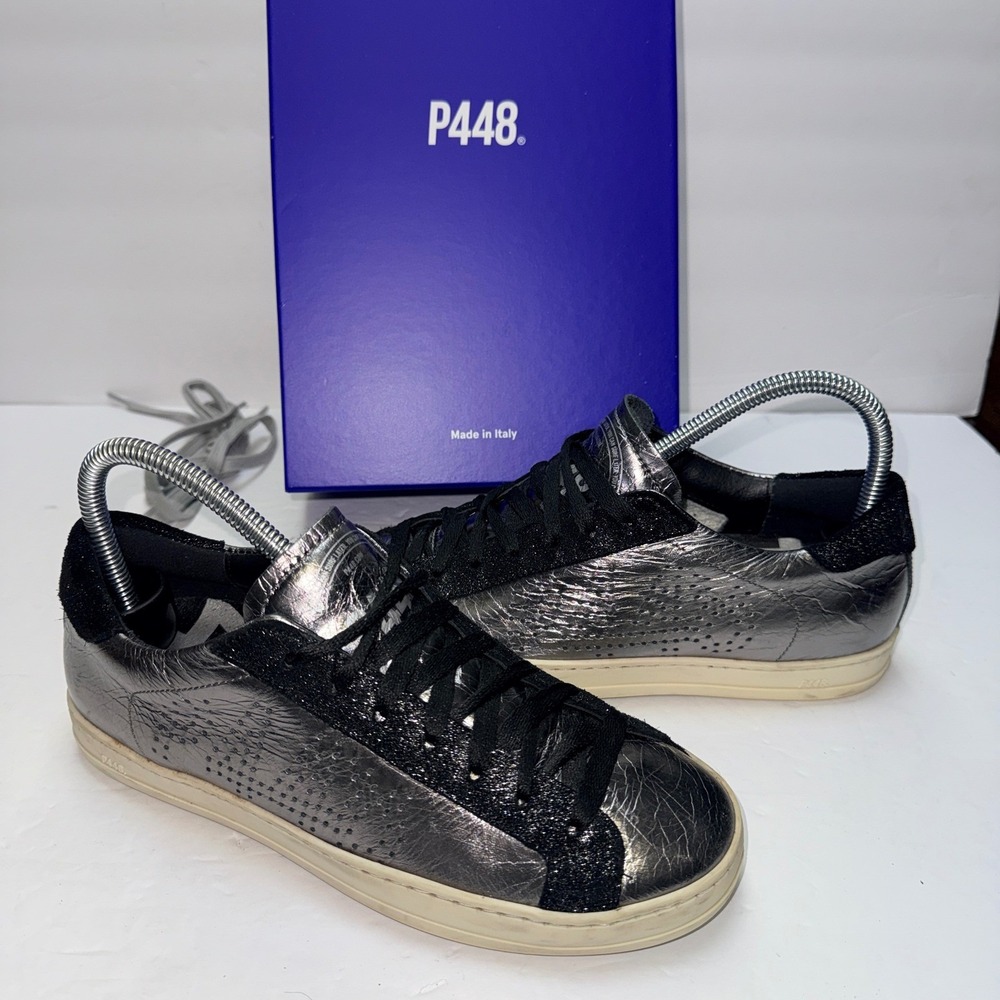 P448 John Maya Women Metallic Silver Black Glitter Sneakers F21JOHN-W 7 US 37 EU - Picture 3 of 9